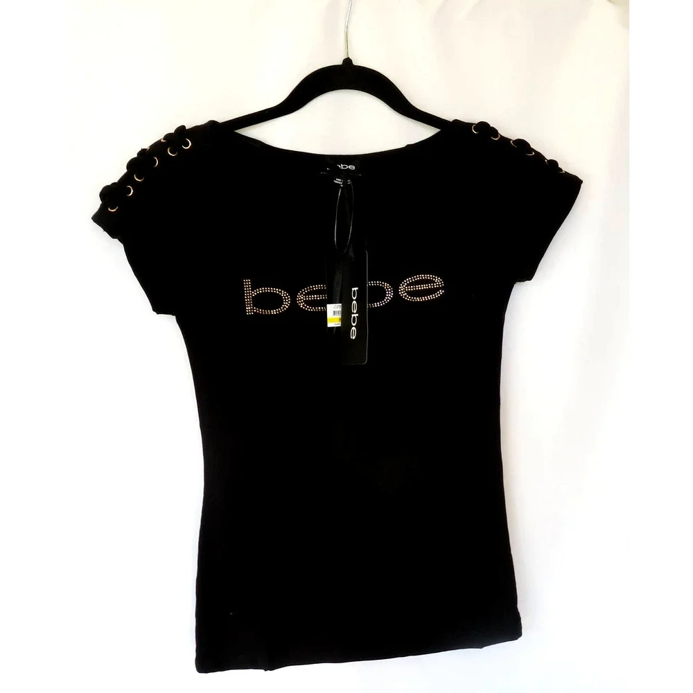 Nwt BEBE Black Logo Top Shirt w/ Gold Rhinestone Women Sz M - Picture 5 of 7